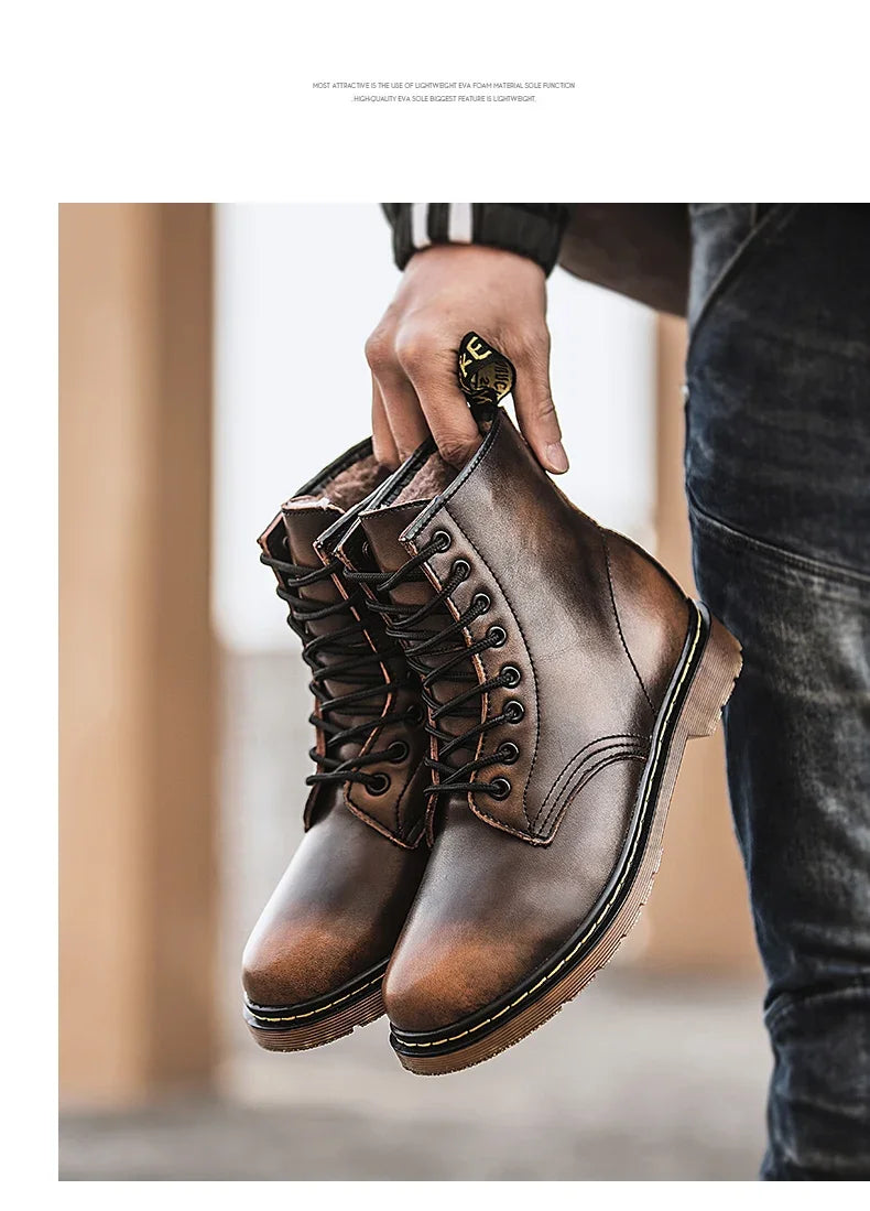 New Couple Boots Genuine Leather Motorcycle Shoes Breathable Waterproof Anti-Slip Warm Cotton Men's Women's Fashion Ankle Boots