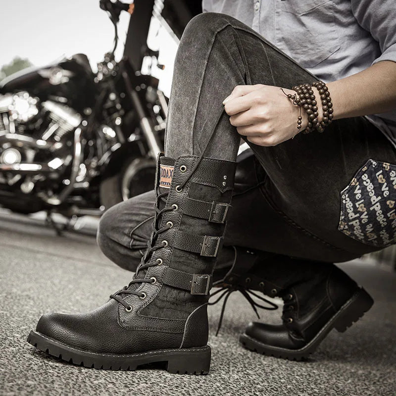 Luxury Men Boots Leather Motorcycle Boots Fashion Lace Up High Top Boots British Male Mid Calf Boot Plus Size Buckle Strap Boot