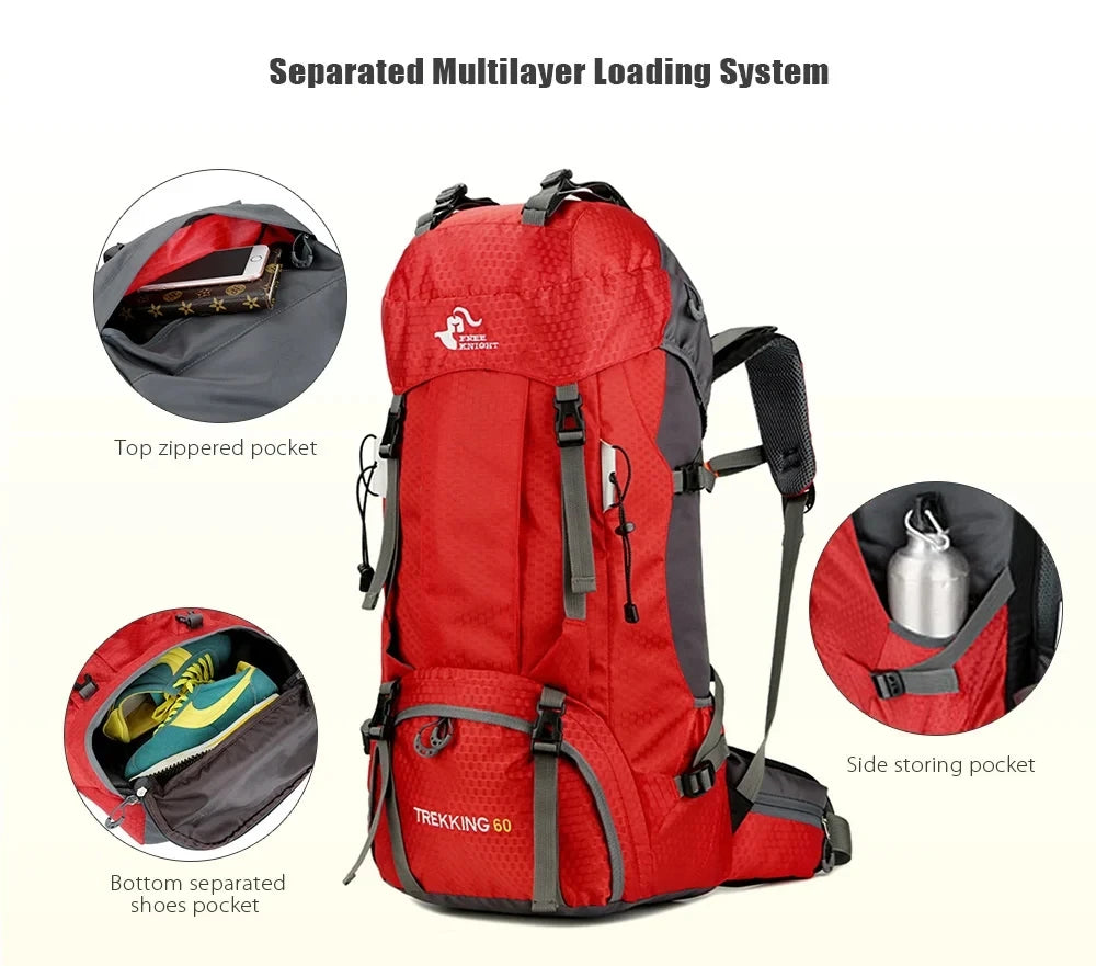 60L Camping Hiking Backpacks Men Outdoor Tourist Backpacks Nylon Sport Bag for Climbing Travelling with Rain Cover Free Knight