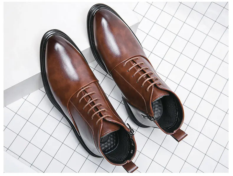 Italian Leather Men Zip Lace-Up Boots Casual Shoes Motorcycle Boots Black Winter High Quality Booties Botas Masculinas 38-46