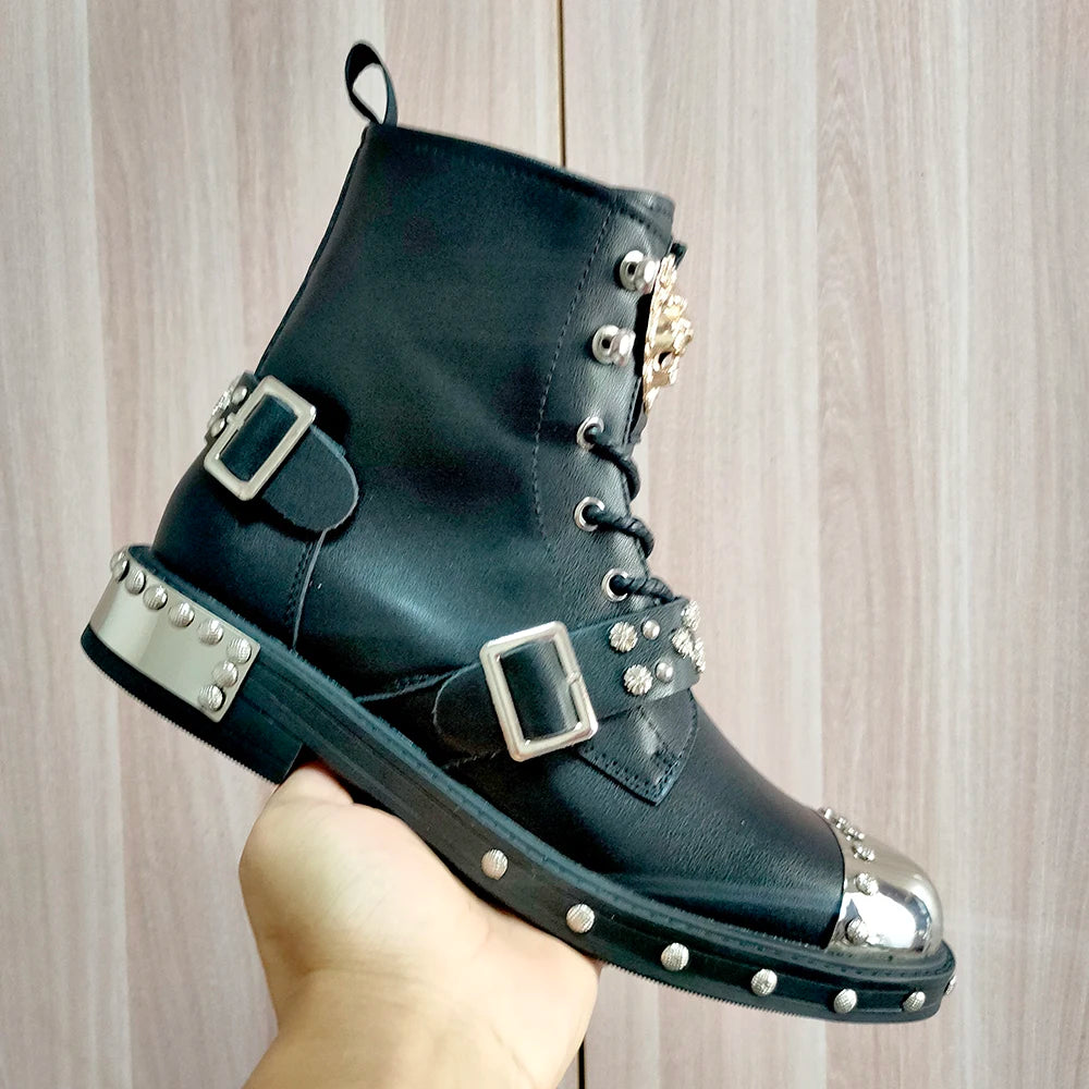 New high quality heavy metal men's fashion motorcycle casual popular ankle boots Autumn winter luxury tall boots pocket boots A6