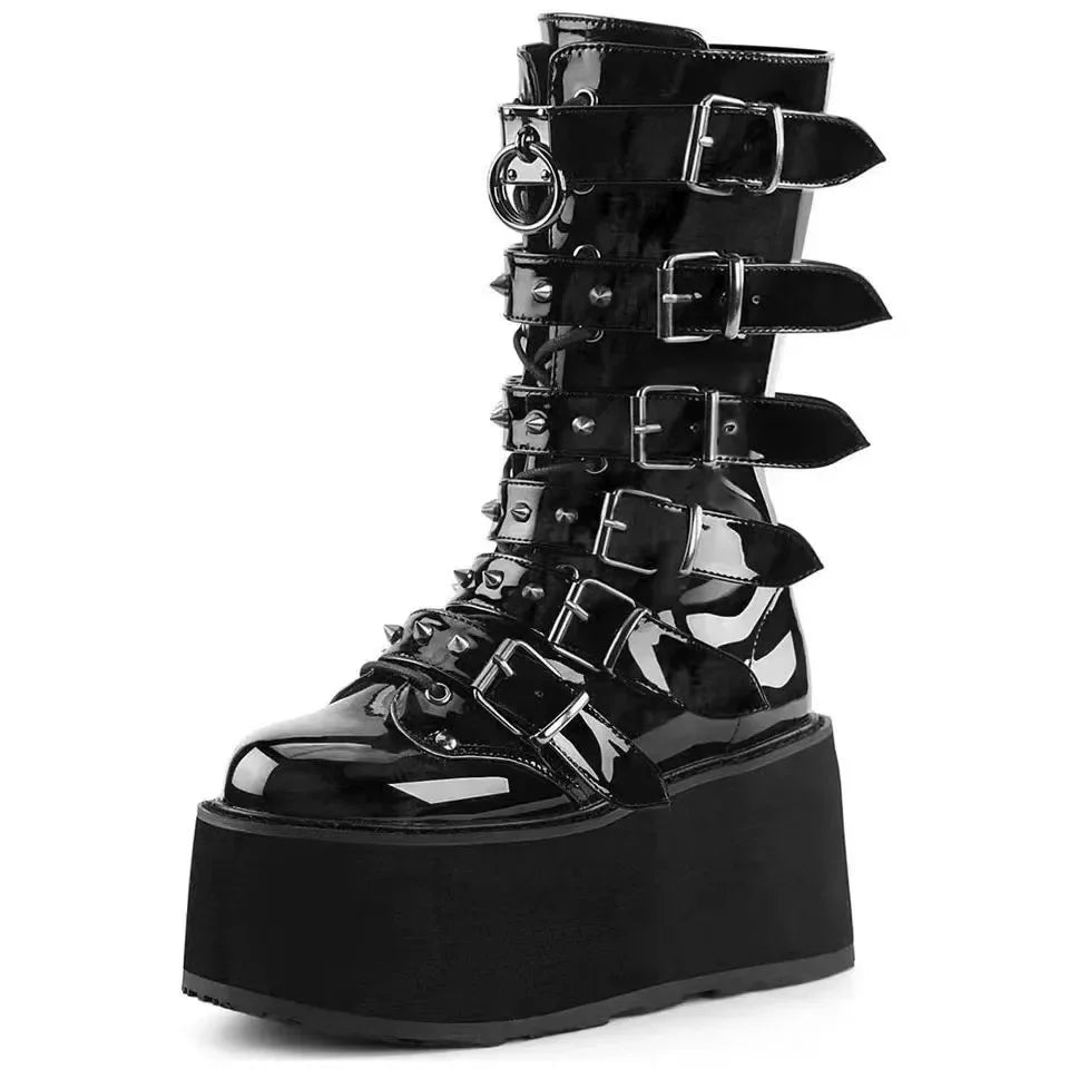 Brand Fashion Gothic Boots for Women Street Woman Boots Wedges Buckles Glittered Black Chunky Platform Motorcycles Boots Women