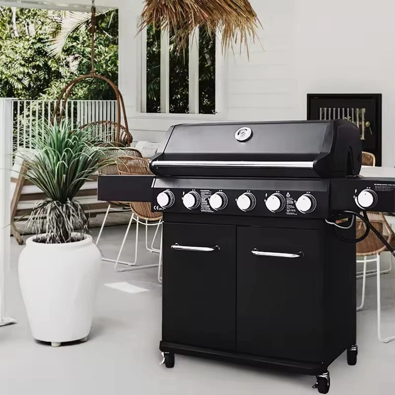Trolley BBQ Stove  Outdoor Propane Gas BBQ Grill Commercial Gas Barbecue Restaurant  Smokeless 6 burner  BBQ Grills