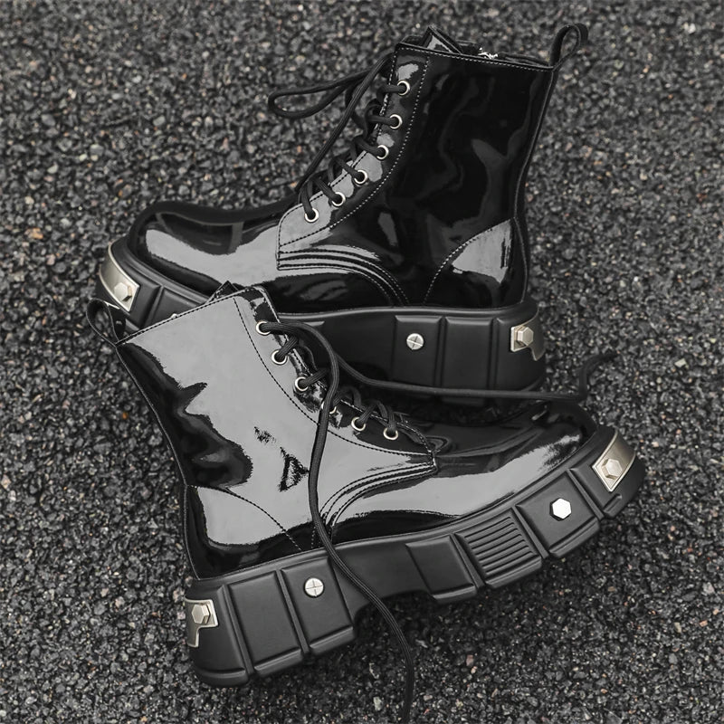 men's casual punk goth dress patent leather boots brand designer shoes cowboy platform boot cool long motorcycle botas masculina