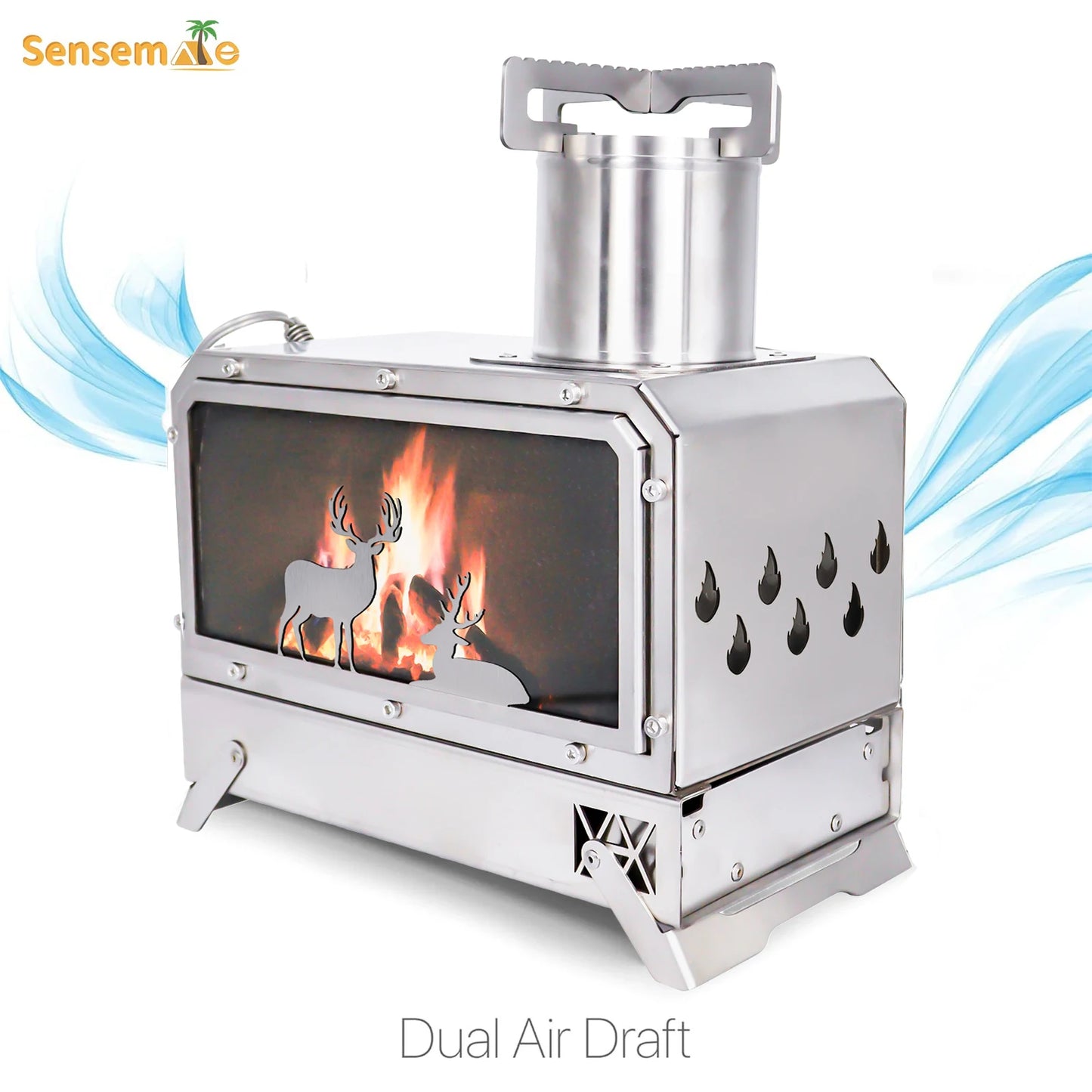 Portable Stainless Steel Wood Stove Camping Oven with Glass Window Folding Rocket Stove Mini Drawer for BBQ Grill Garden Hiking