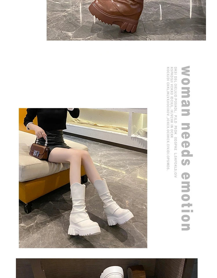 9CM Women Mid Calf Boots Autumn Winte Soft Leather Motorcycle Boots High Platform Square Heels Ladies Chunky Shoes Botas Mujer