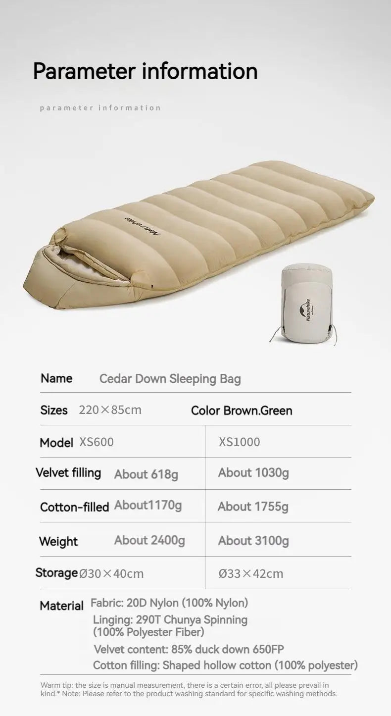 Naturehike Duck Down Sleeping Bag Ultralight Autumn Winter Spring Widened Sleeping Bag Hooded Windproof Waterproof -10℃ Outdoor