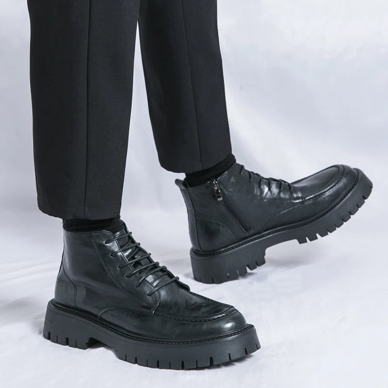 Fashion Men's Genuine Leather Casual Shoes Classic Outdoor Workwear Shoes Men's Motorcycle Boots Handsome Height Increasing