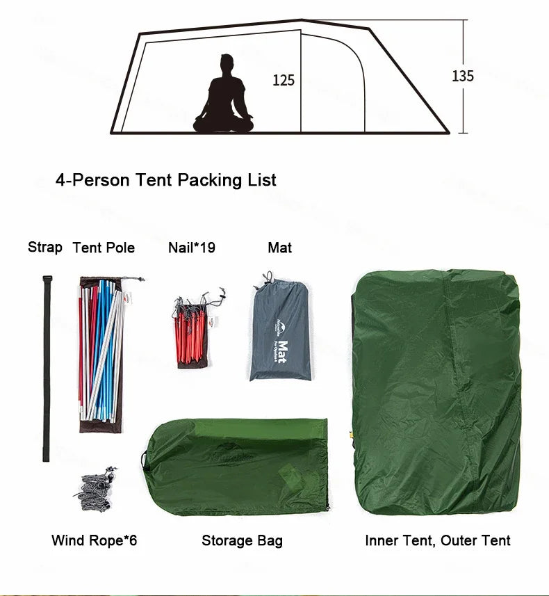 Naturehike-Ultralight Opalus Tunnel Double Tent, Outdoor Camping, Hiking, 2, 3, 4 Persons