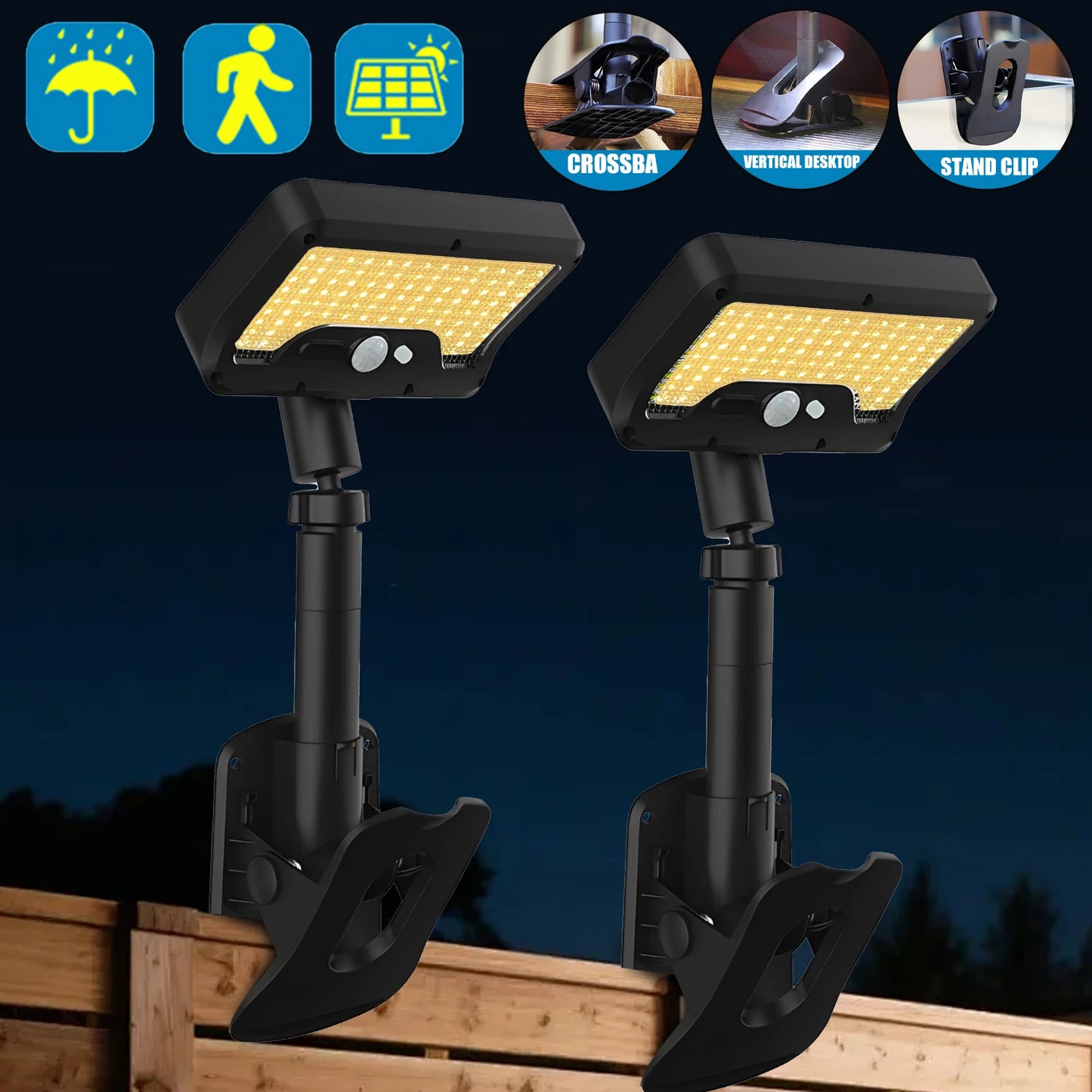 360° Rotatable Solar Motion Sensor Lights Outdoor Vertically Adjustable 4 Modes Waterproof Fence Clip-on LED Lamp for Camping
