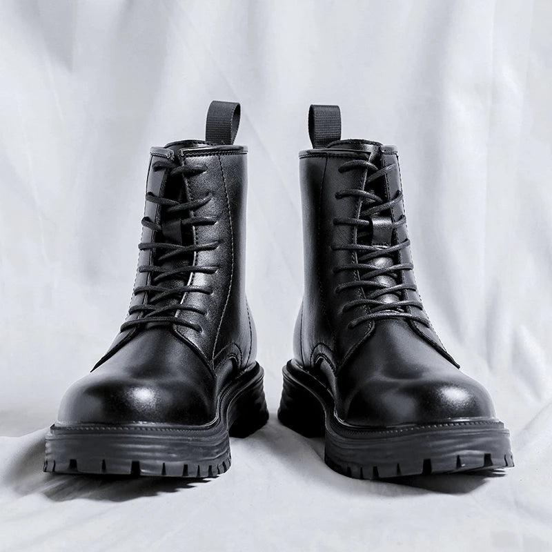 men fashion motorcycle boots black tide lace-up platform shoes cowboy genuine leather boot street cool high top botas masculinas