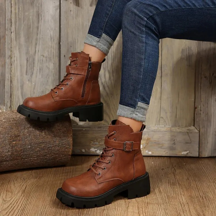 Platform Women Boots Fashion High Quality Women Ankle Boots Retro Round Toe  Motorcycle Boots Punk Style Women Shoes Botas Mujer