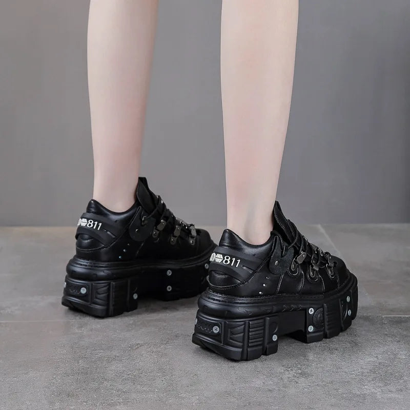 2025 New Black Dad Shoes 8cm Platform Women's Heavy Metal Personality Goth Punk Boots Men