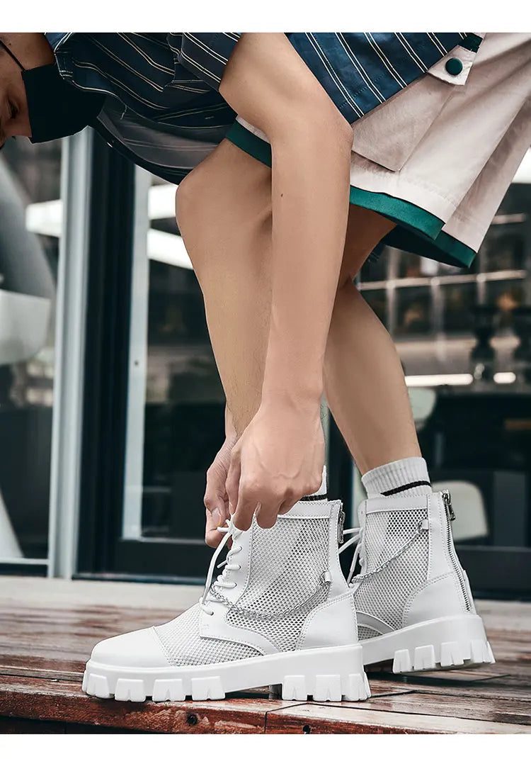 2024 New Summer Men's Boots Thick Bottom Mesh Surface Breathable Hollow Out Chain Short Boot Male Autumn Fashion Casual Shoes