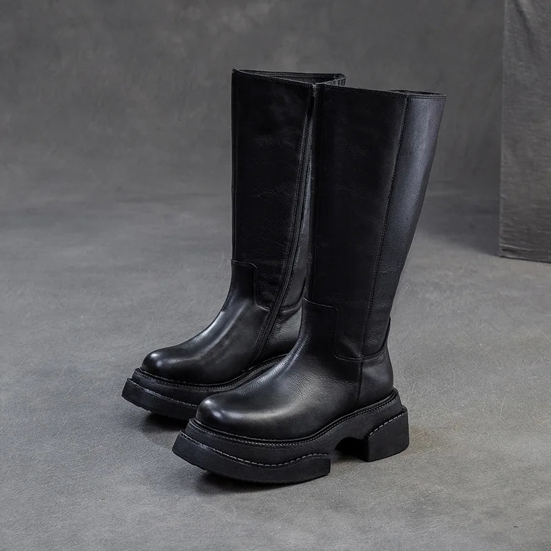 6.5cm Cow Genuine Leather Women Ankle Knee Motorcycle Booties Boots Chunky Heels Platform Wedge Shoes Chimney High ZIP Spring