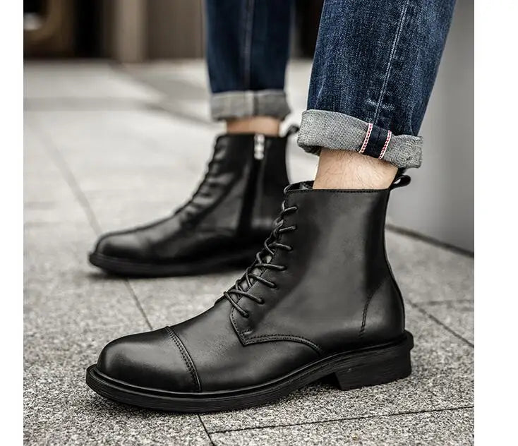 A047 New Men's Boots British High Calf Man Shoes Fashion Round Toe Ankle Boots Comfort Flats Shoes Leather Motorbike Shoe