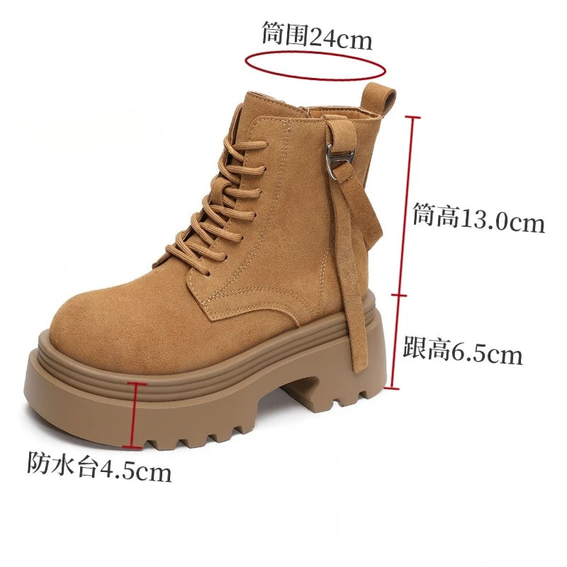 6.5cm Cow Suede Genuine Leather Women Booties Elthnic Pumps Comfy Ankle Knee High Spring Motorcycle Shoes Flats Platform Wedge
