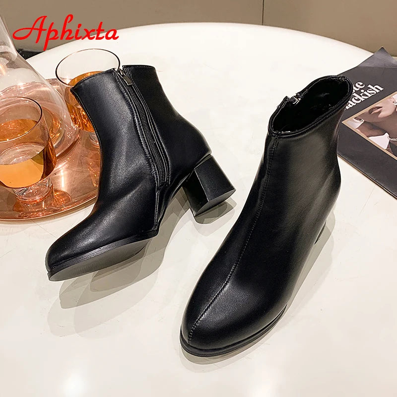 Aphixta 2023 Winter Side Zipper Shoes Women Boots 5cm Square Heel Ankle Boots Brown Botines Mujer Ladies Big Size Shoes