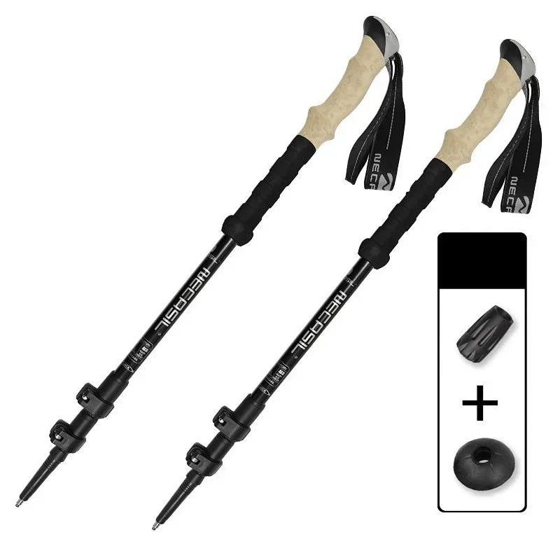 2 high-end hiking sticks, imitation cork handles, three-section telescopic ultra-light alloy sticks with external locks