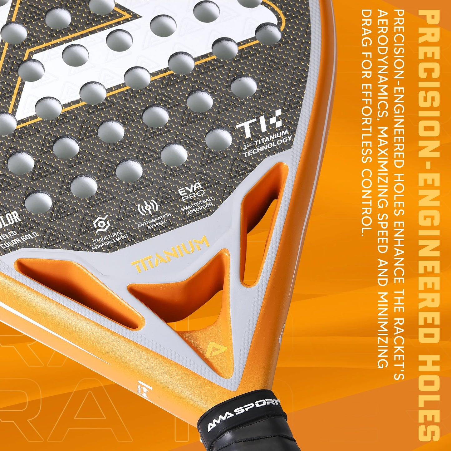 AMA SPORT 1St Titanium Gold Padel Rackets with Precision Holes,Anti-Vibration System High-Performance Titanium Pala de Padel