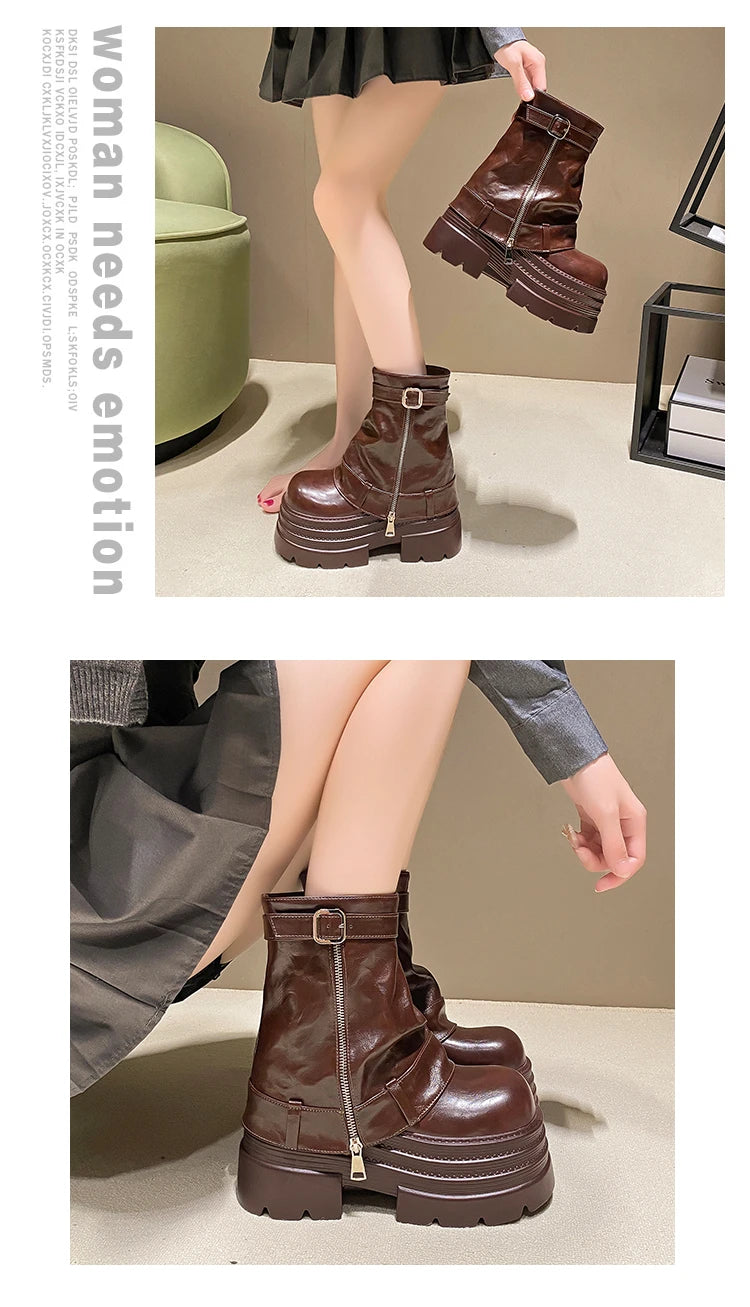 Women's Autumn Winter Leather Ankle Boots 10CM Heels Chunky Platform Combat Boots New Non Slip Motorcycle Shoes Woman Punk Boots