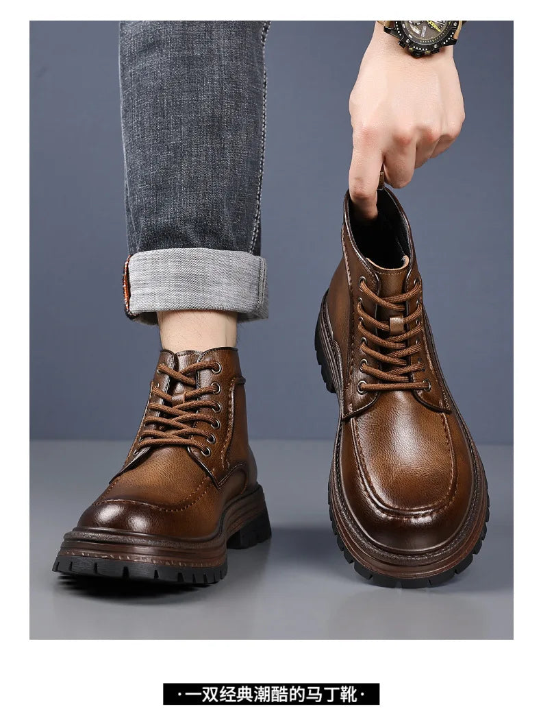2025 Autumn Winter New Platform Boots for Men Keep Warm Fashion Casual Ankle Boot Male Solid Color Outdoor Cow Leather Shoes Man