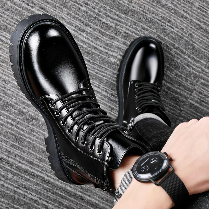 Retro Casual PU Leather Mens Motorcycle Boots Fashion Winter Plush Snow Boots Comfortable Leather High Top Shoes Man Warm Botas