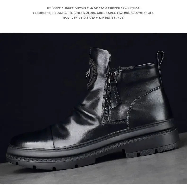 Men's Motorcycle Leather Boots British Style Round Head High Top Shoes Side Zip Walking Casual Platform Boots Bota Masculina