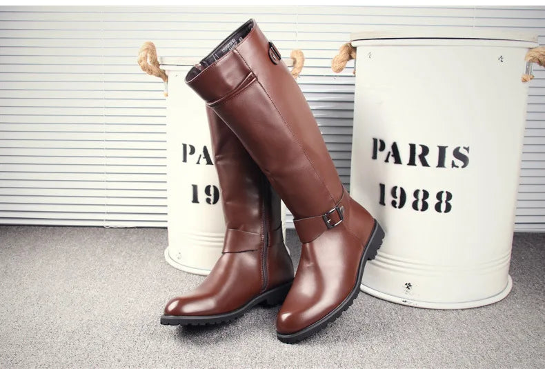 British Mens Black Leather Knee High Boots Desiger Zip Long Motorcycle Shoes Antique Cosplay Stage Botas Casual Comfort Zapatos