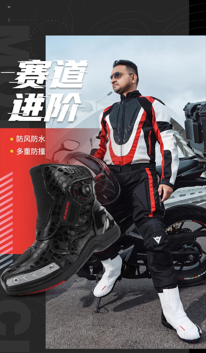 Motorcycle Boots Man Waterproof Studded Boots Hook and Loop Fasteners Wear-Resistant Motorcycle Shoes Anti-Slip Anti-Fall