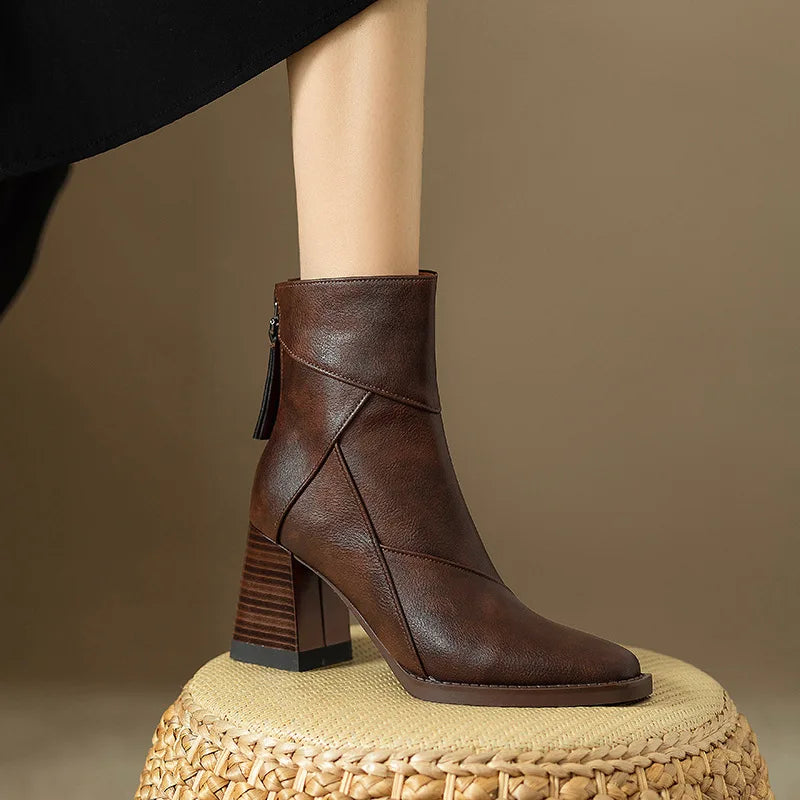 Woman Chunky Ankle Boots Women Zipper Retro Brown Soft Leather Short Boot Autumn New Square Toe Casual High Heel Booties Mujer