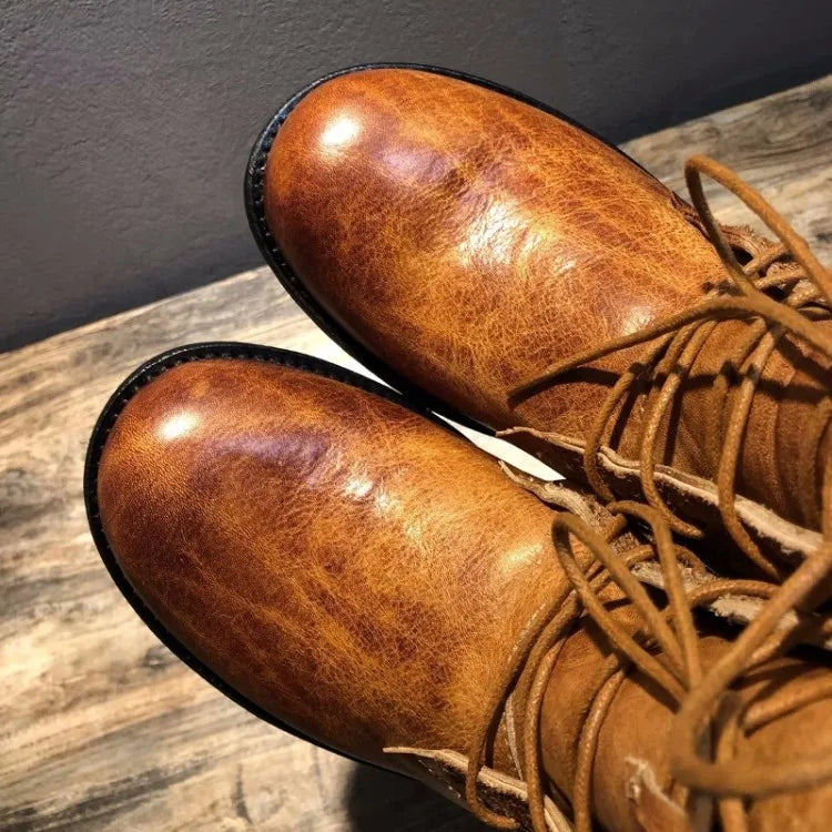 Handmade Vintage Round Toe Mens High Top Work Safety Shoes Cowhide Genuine Leather Ankle Boots Lace Up Motorcycle Riding Boots