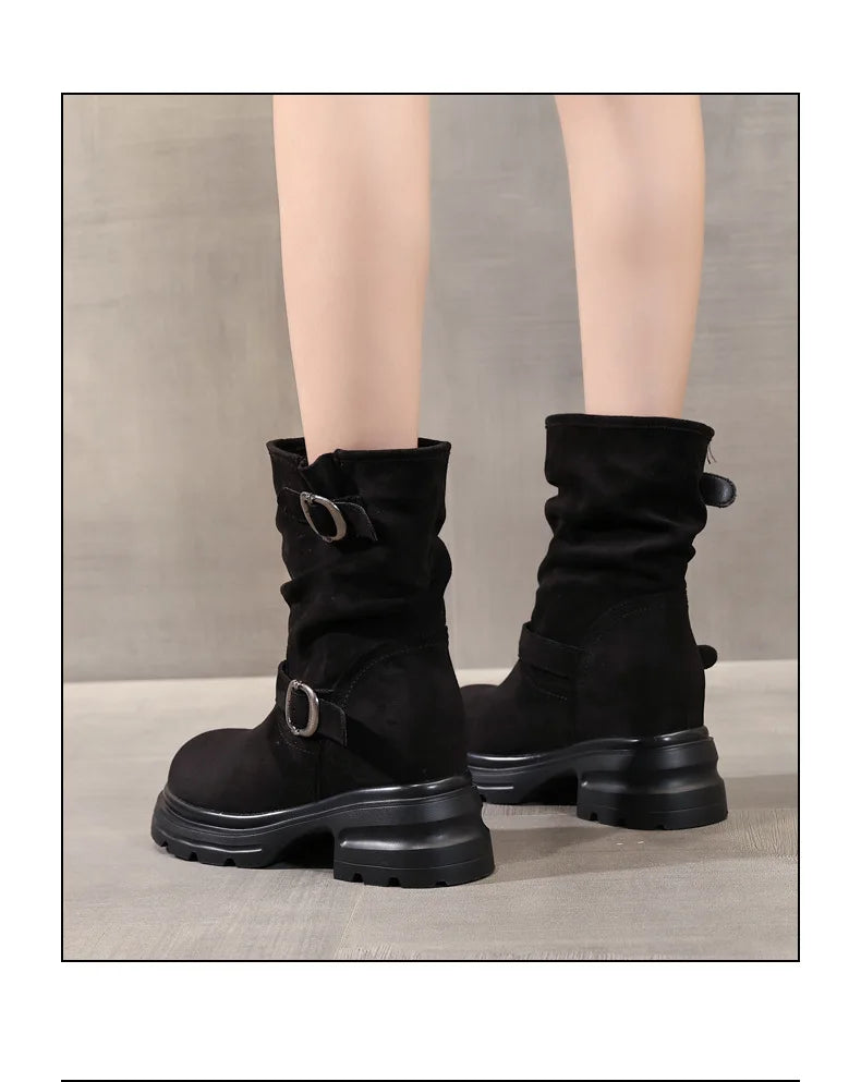 Fujin 9cm Leather Women’s Platform Ankle Boots Booties, Chunky Motorcycle Style Casual Streetwear Fall Winter Fashion Shoes