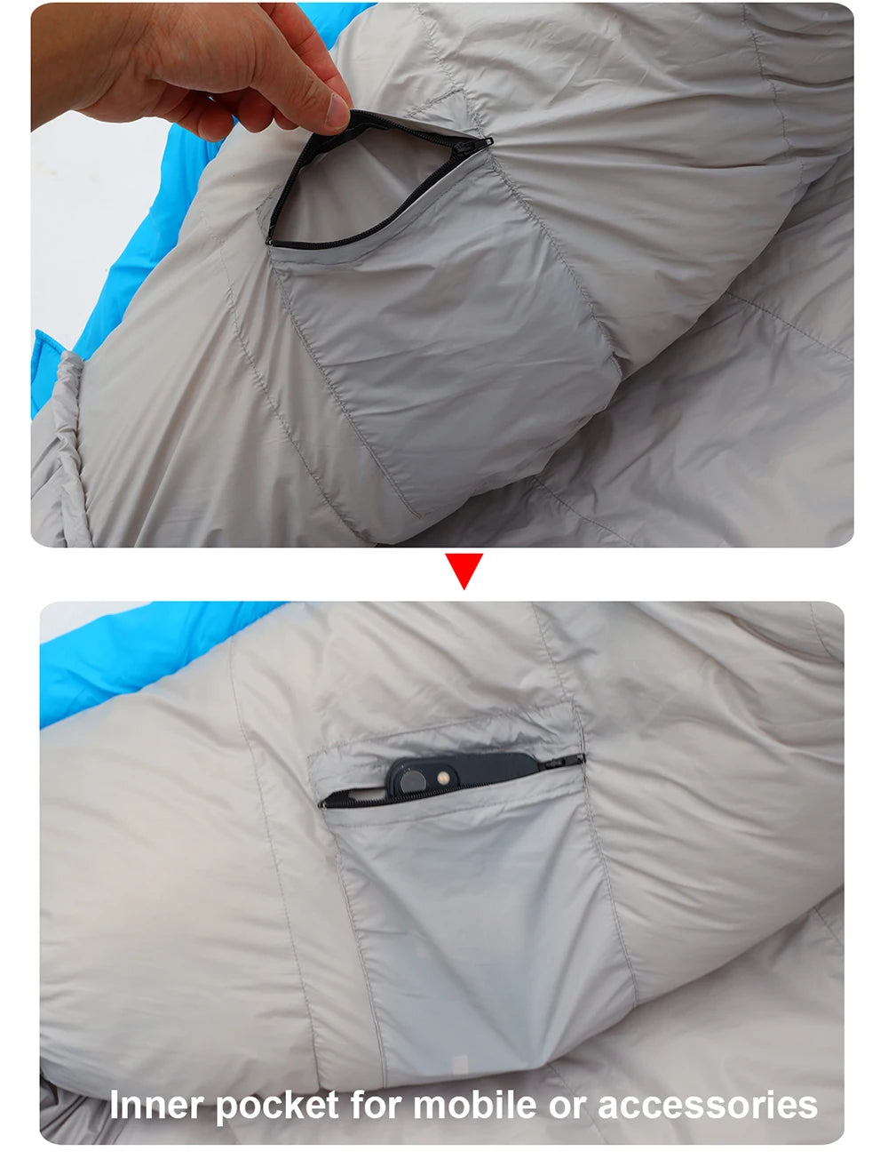 Premium Down and Synthetic Hybrid Sleeping Bag Camping  Lightweight Sleeping Bag High Neck Design Sleeping Bag 0°C to -5°C ，1.3