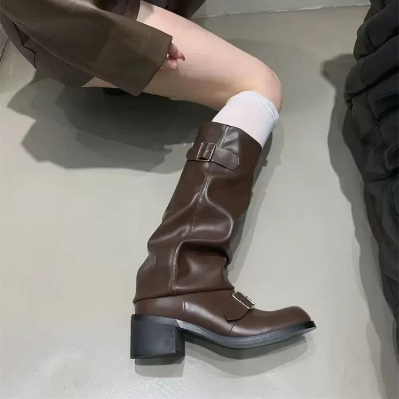 Rock Women Boots Punk Ladies Shoes Women Buckle Knight Boots Motorcycles Boots Woman Slip-On Thick Heel Riding Botas Mujer 2024