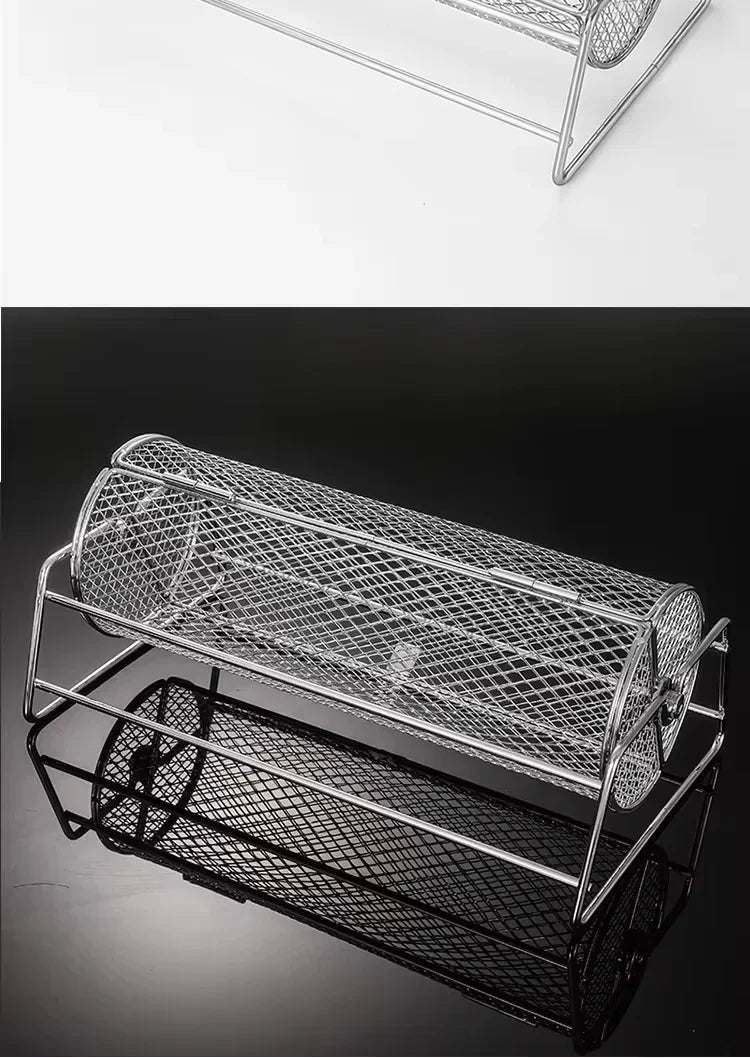 Stainless Steel Rolling BBQ Grill Manual Rotating Barbecue Cage with Base Rotisserie Basket Roll Barbecue Cage Outdoor Roaster