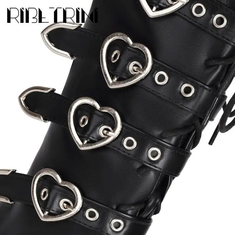 Cool Women Motorcycle Boots High Heeled Knee High Sassy Platform Shoes Lace Up Zip Luxury Designer Brand Winter Street Booties