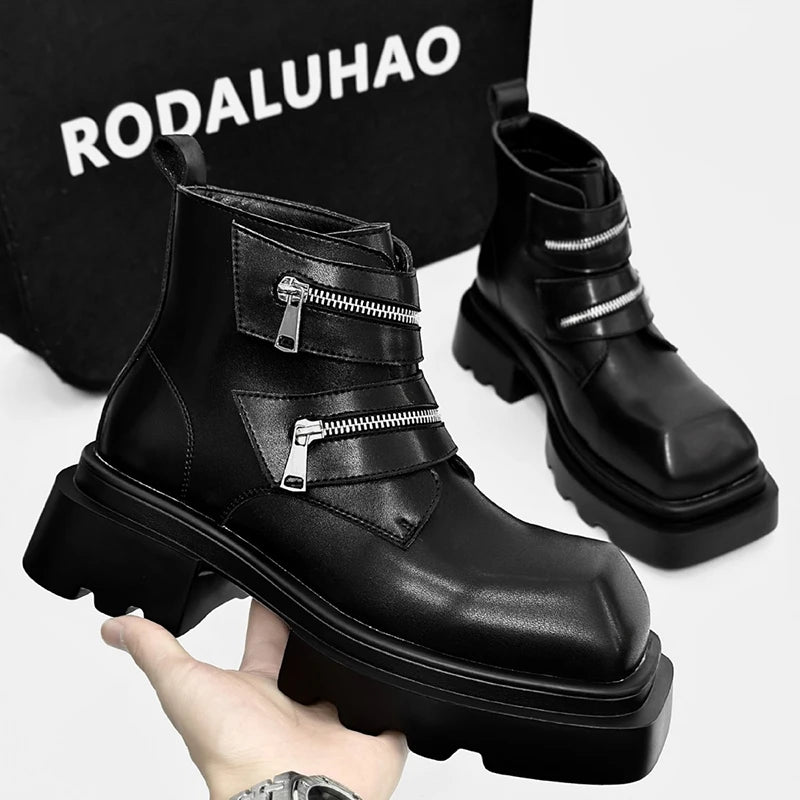 men fashion punk hip hop platform boots brand designer shoes cowboy original leather boot stylish square toe motorcycle botas