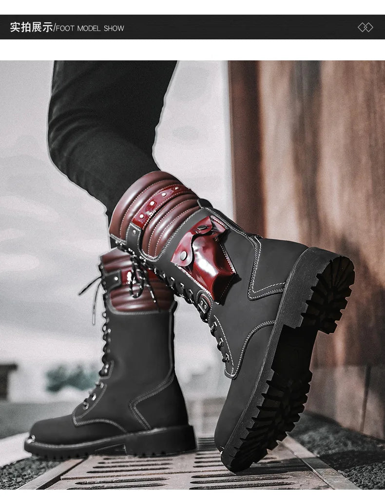 Men Motorcycle Boots Fashion Mid-Calf Punk Rock Punk PU Leather Black High Top Mens Casual Boot Steel Toe Shoes Big Size 38-46