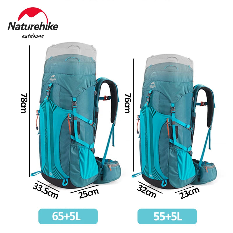Naturehike-Camping Hiking Backpack with External Frame, 65L Large Capacity, Trekking, Mountaineering, Climbing Bag, 55L
