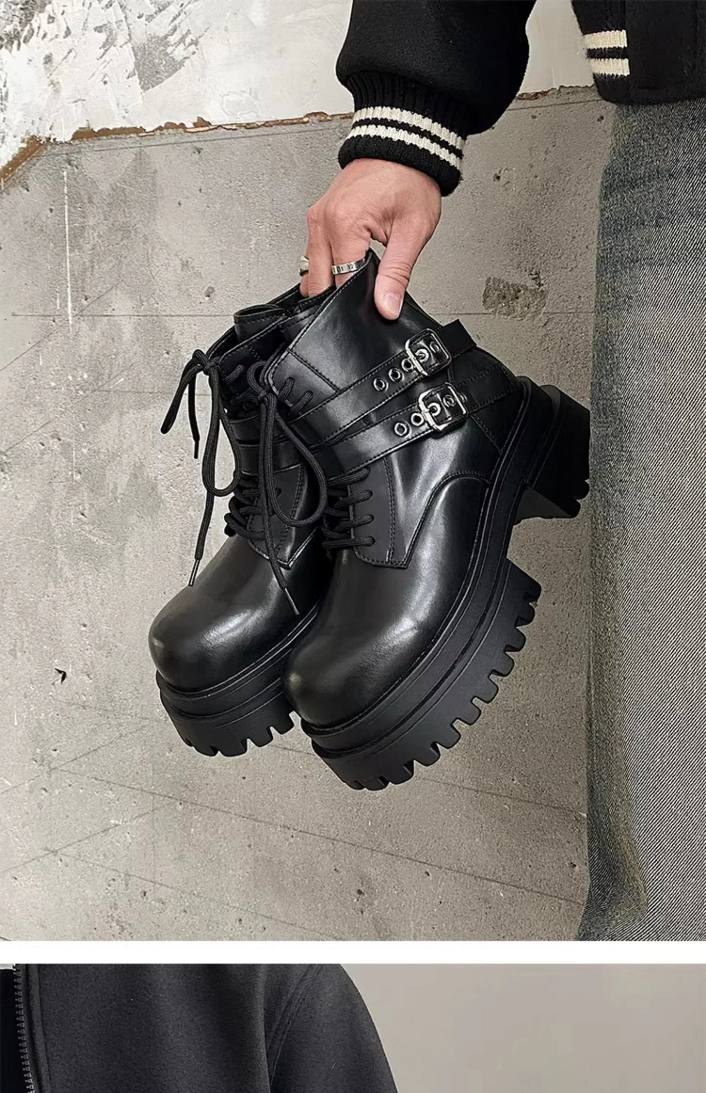 Height increased by 7CM short leather boots for men's dark punk functional motorcycle boots commuting buckle work clothes shoes