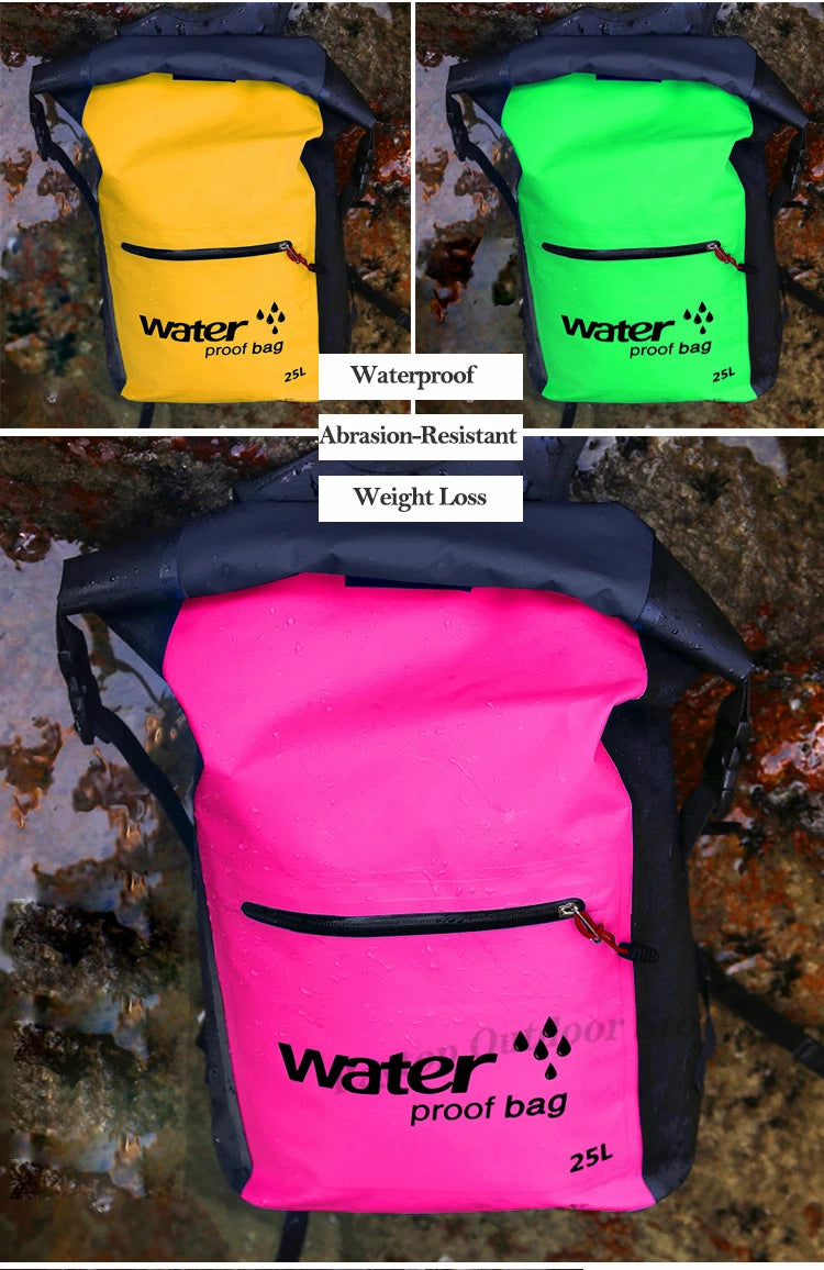 25L Foldable Hiking Bag Durable PVC Waterproof Rolltop Rucksack Backpack Abrasion-Resistant Shoulder Pack for Outdoor Adventures