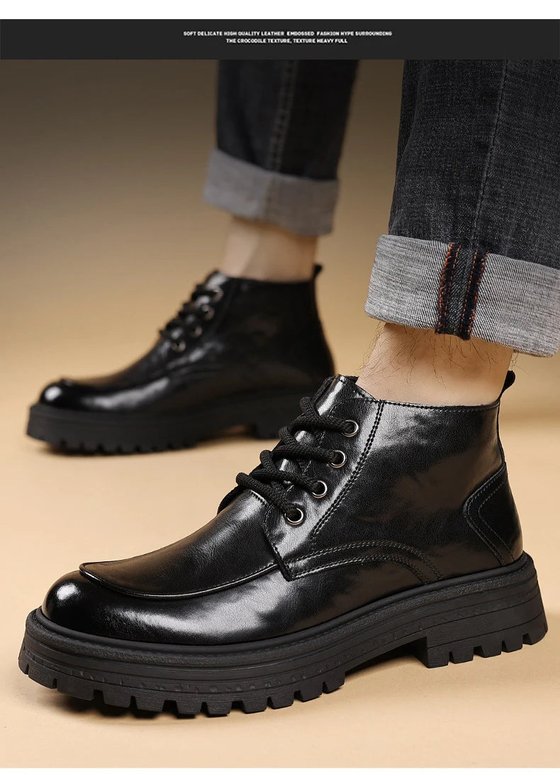 Outdoor Men High Top Leather Shoes Classic Black Leather Boots Motorcycle Breathable Riding Mid-calf Ankle Boots Warm Work Shoes