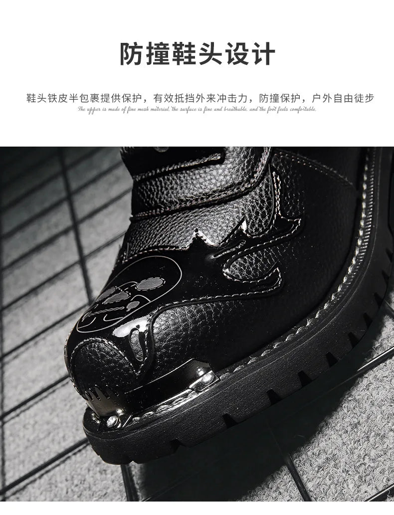 Men Motorcycle Boots Fashion Mid-Calf Punk Rock Punk PU Leather Black High Top Mens Casual Boot Steel Toe Shoes Big Size 38-46