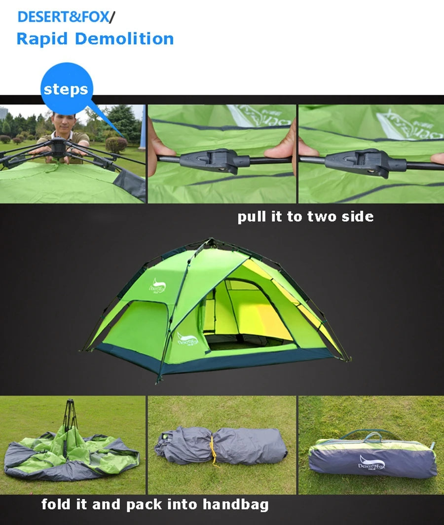 Desert Fox Family Camping Tent 3 Person Outdoor Automatic Tents Instant Set-up Pop-up 2/3 Ways Use Tent for Beach Hiking Travel