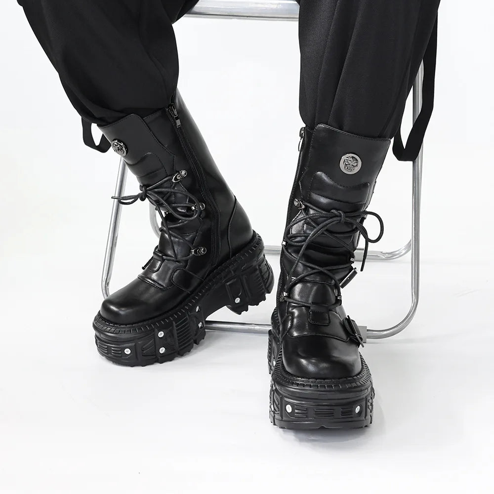 2025 Spring, Autumn and Autumn New Punk Style Women's Platform Spice Girls Metal Rock Motorcycle Fried Street Middle Boots Men