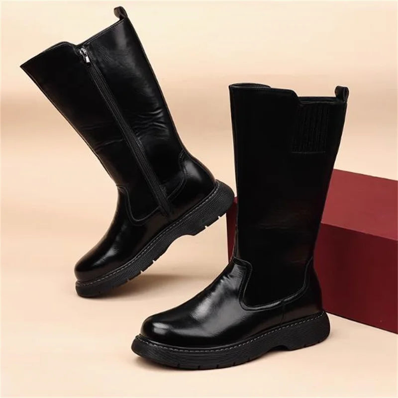 Size 38-43 Top Quality Mid Calf Punk Style Motorcycle Riding Boots Men Shoes Fall Winter Flat Heels Long Boots Male