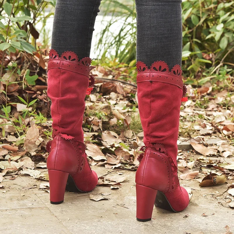 Women Lace Women's High Heel Middle Tube Boots Retro Leather Winter Shoes Booties Cowboy