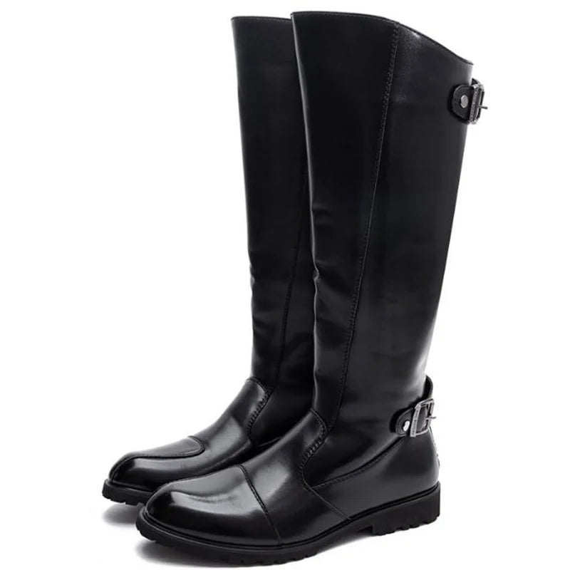 New Arrival Black Long Knee Boots Men Round Toe Buckle High Top Casual PU leather Shoes Man Motorcycle Boots Size 37-46