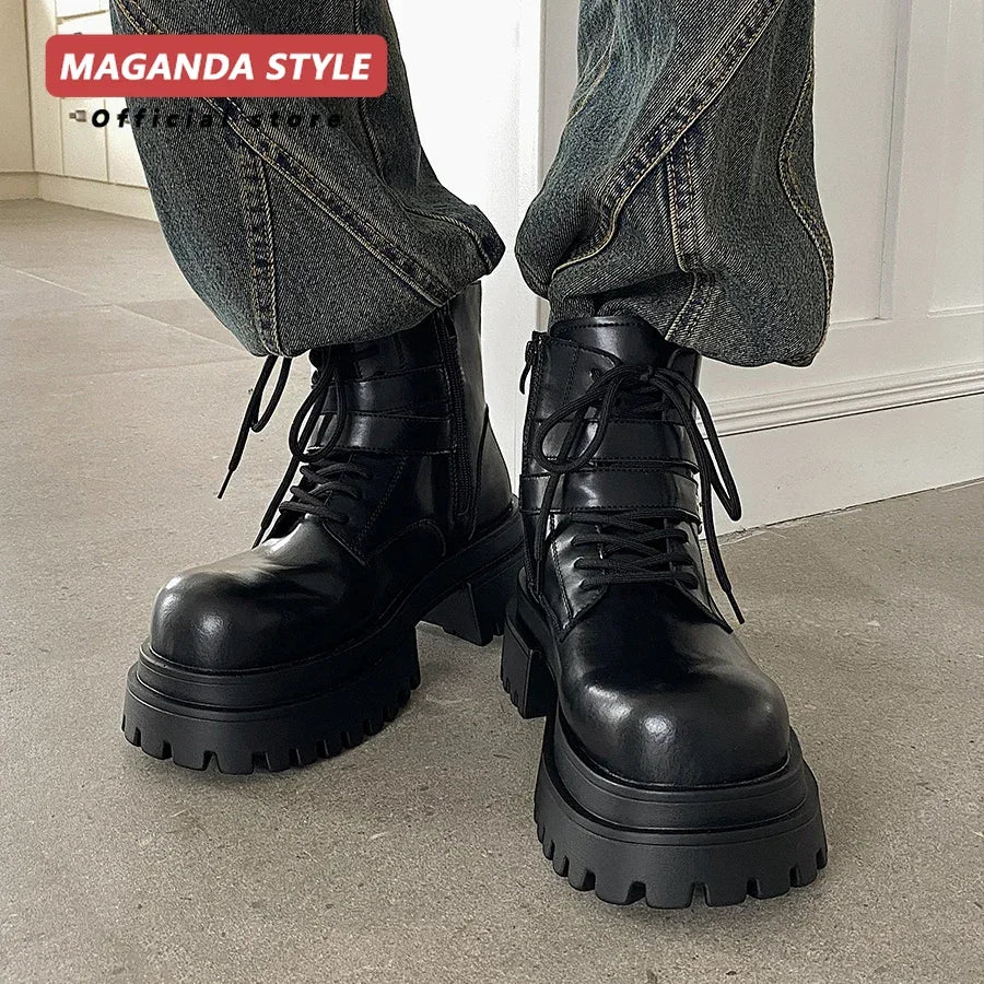 Height increased by 7CM short leather boots for men's dark punk functional motorcycle boots commuting buckle work clothes shoes